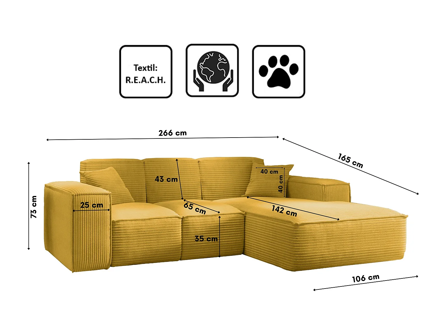 Canapé d'angle, canapé d'angle en L, salon, canapé Poso en tissu SIENA, jaune, à droite