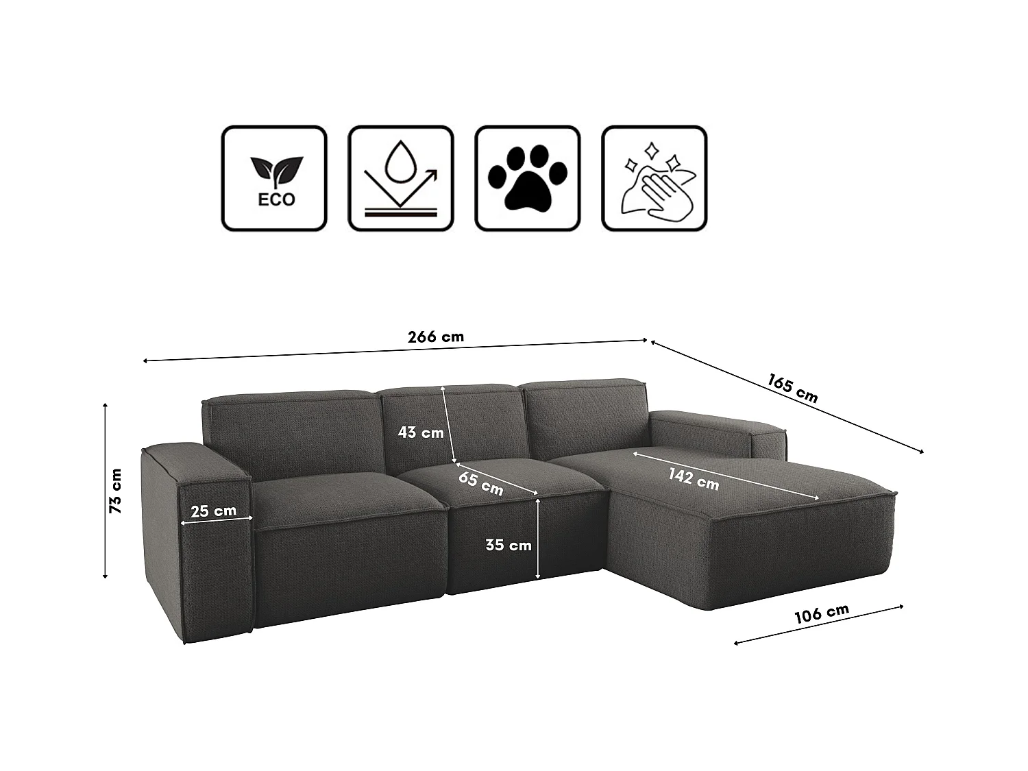 Canapé d'angle forme L Siena tissu Artico anthracite droite