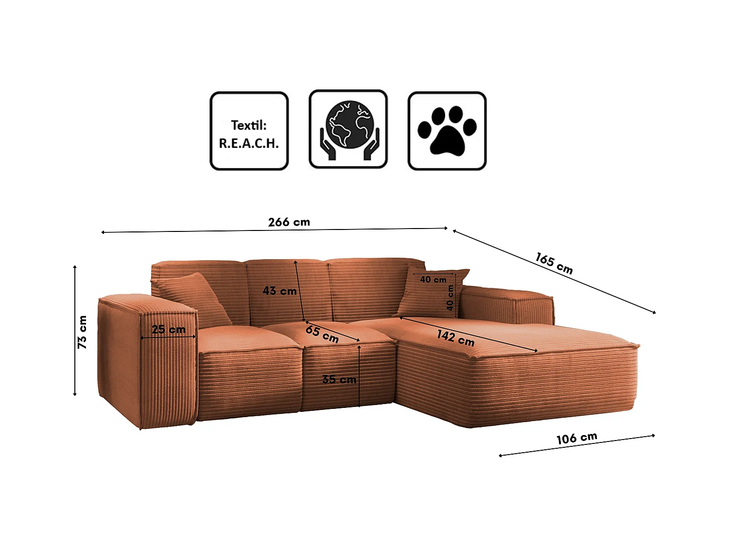 Canapé d'angle, canapé d'angle en L, salon, canapé SIENA en tissu Poso, cuivre, droite