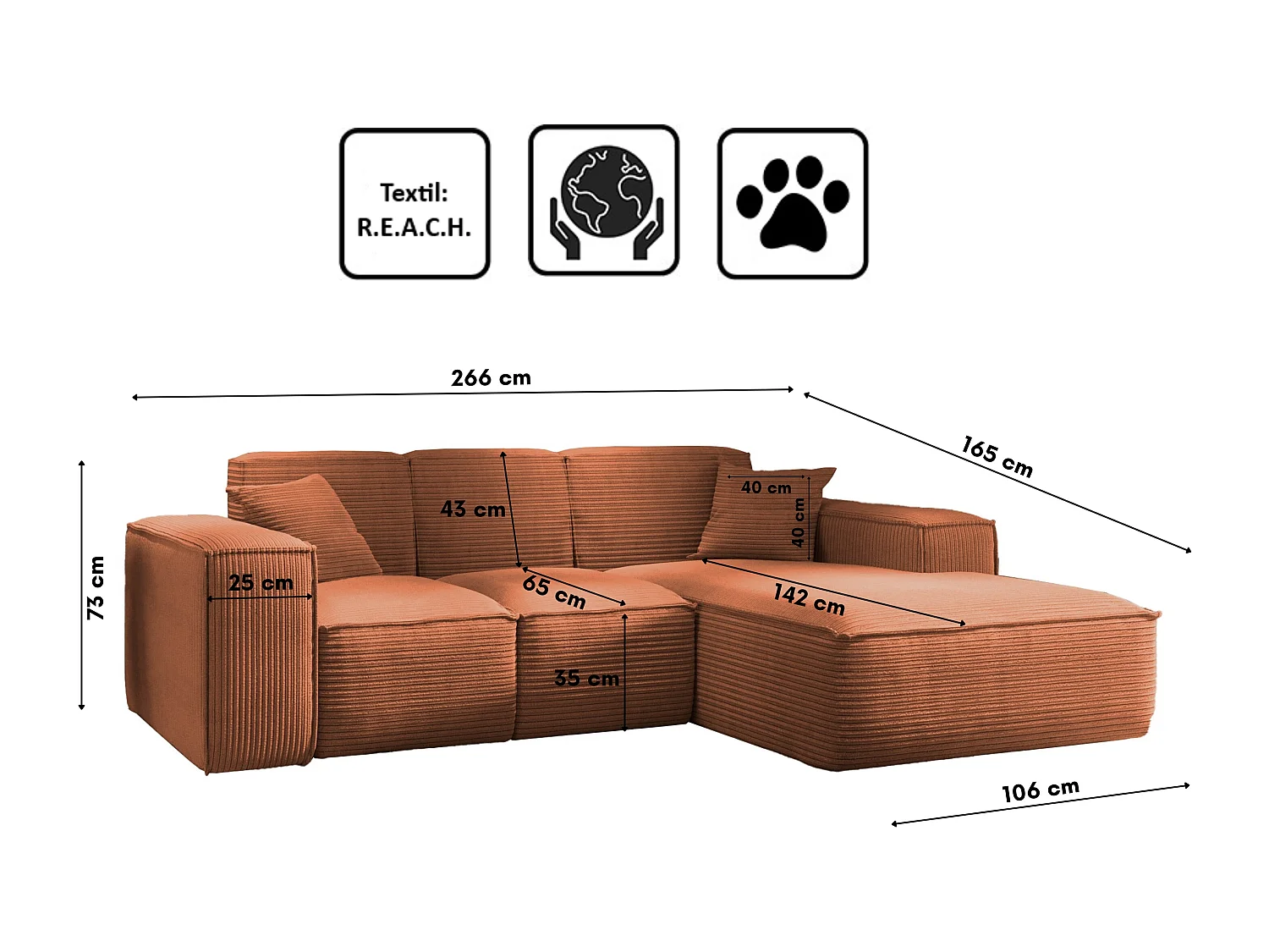 Canapé d'angle, canapé d'angle en L, salon, canapé SIENA en tissu Poso, cuivre, droite