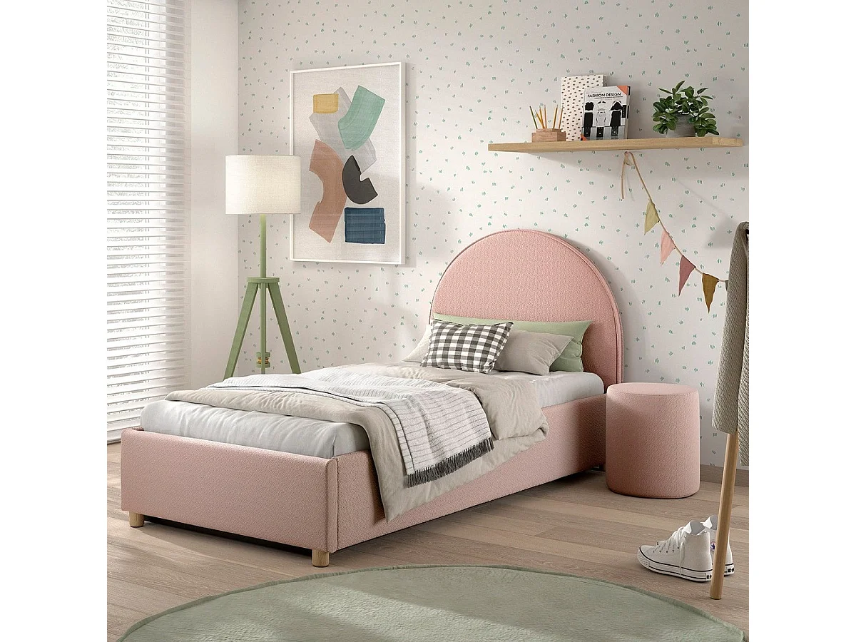 Pack Lit coffre 90x200cm Tête Demi-Lune + Pouf Tissu Bouclé Rose - CONNIE