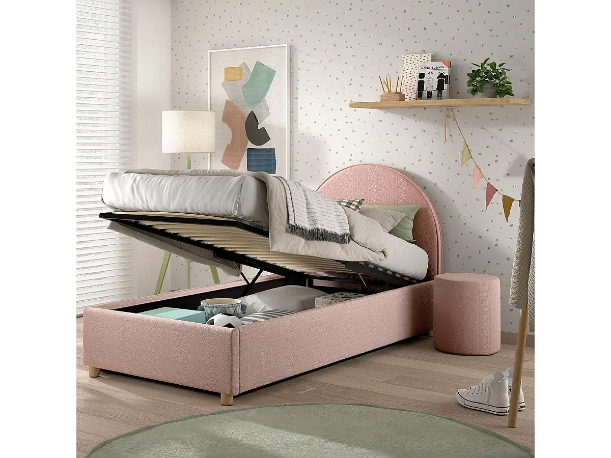 Pack Lit coffre 90x200cm Tête Demi-Lune + Pouf Tissu Bouclé Rose - CONNIE