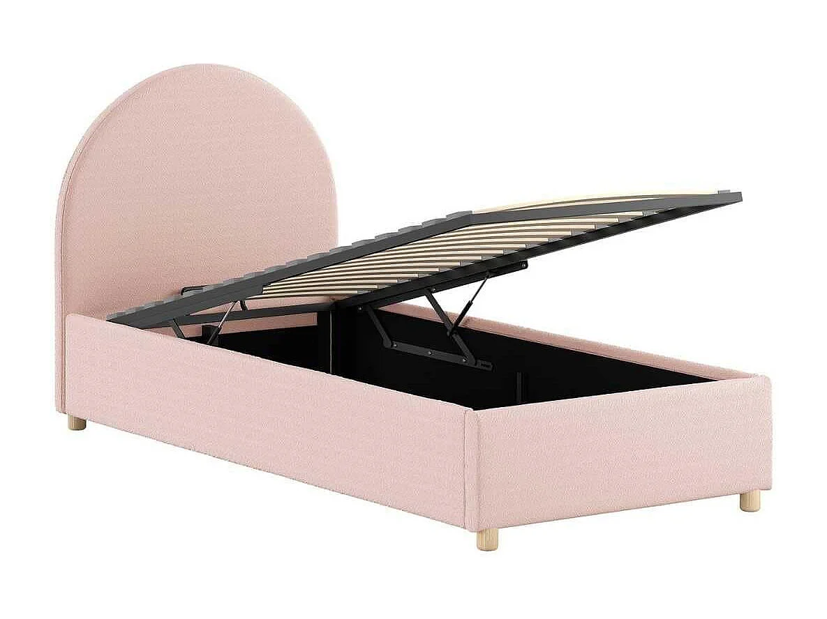 Pack Lit coffre 90x200cm Tête Demi-Lune + Pouf Tissu Bouclé Rose - CONNIE