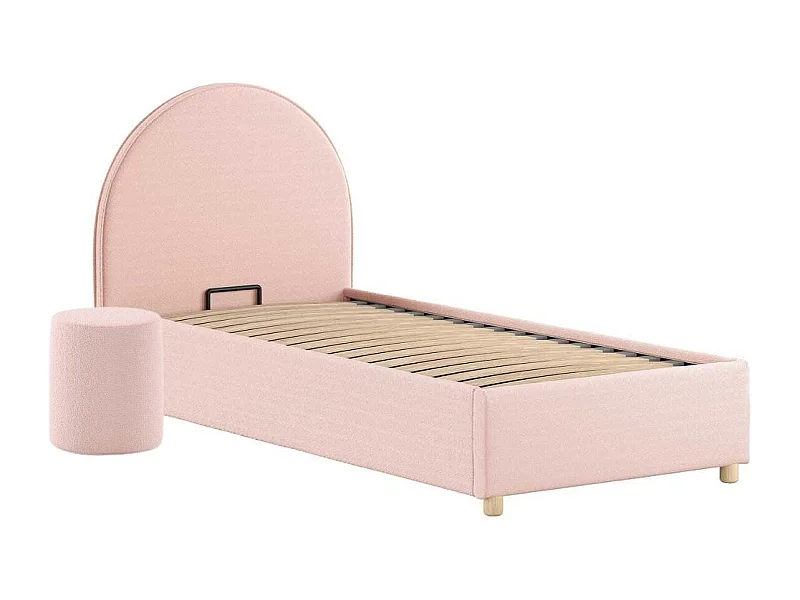Pack Lit coffre 90x200cm Tête Demi-Lune + Pouf Tissu Bouclé Rose - CONNIE