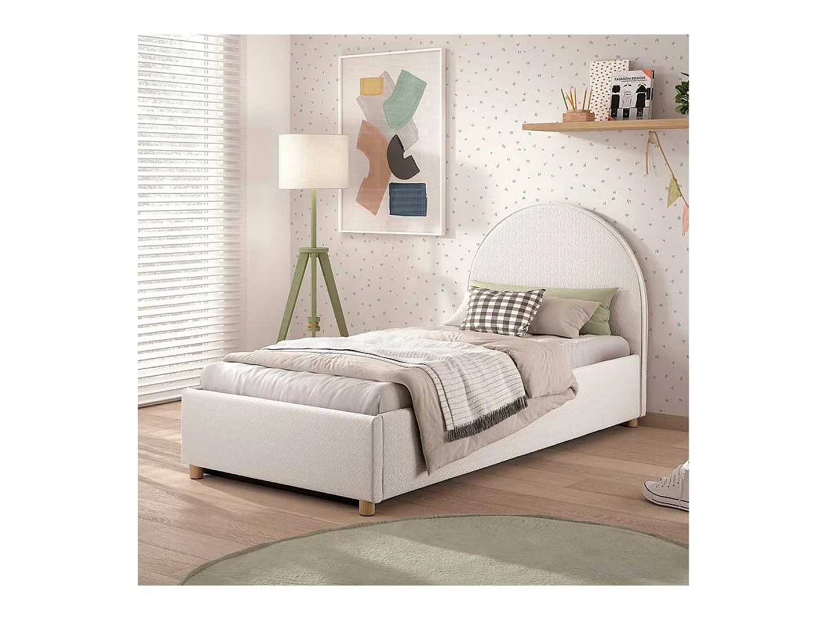 Lit coffre 90x200cm Tête de Lit Demi-Lune Tissu Bouclé Blanc - CONNIE