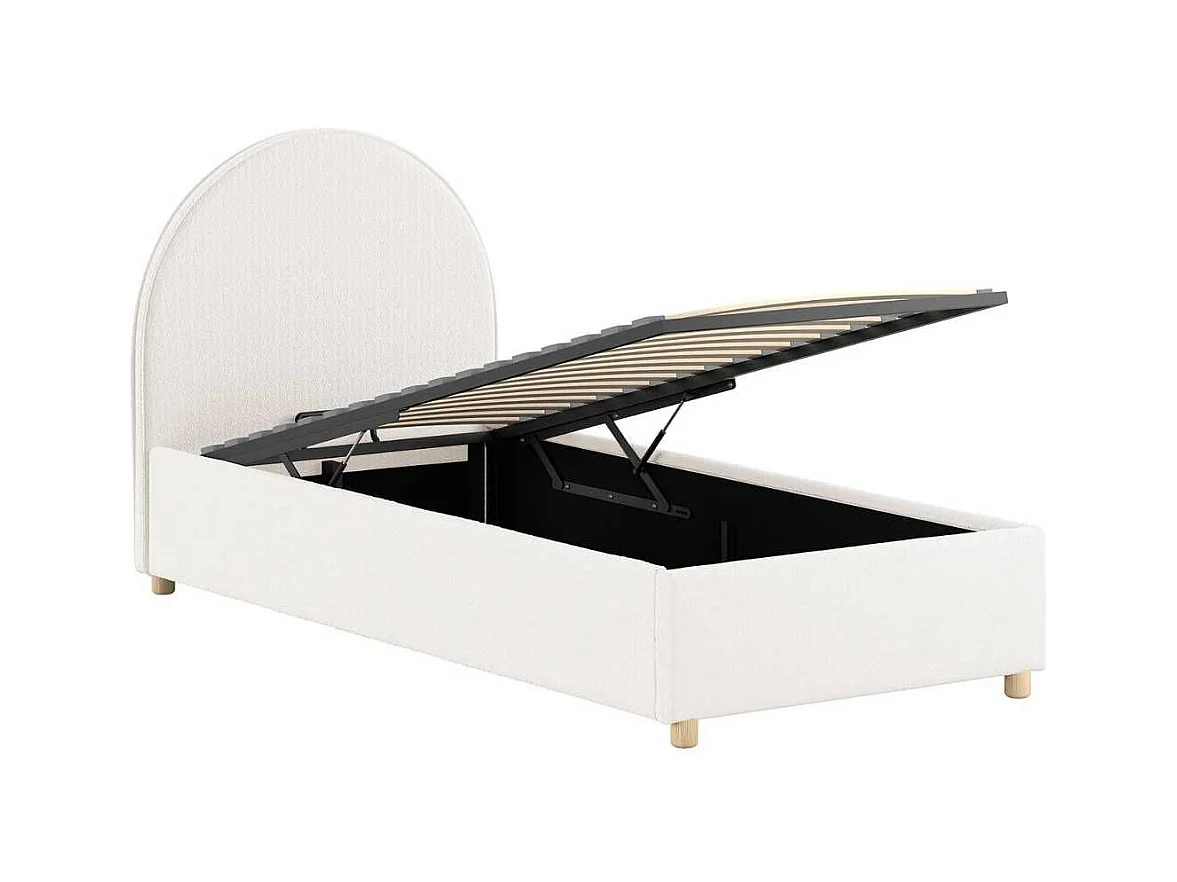 Lit coffre 90x200cm Tête de Lit Demi-Lune Tissu Bouclé Blanc - CONNIE