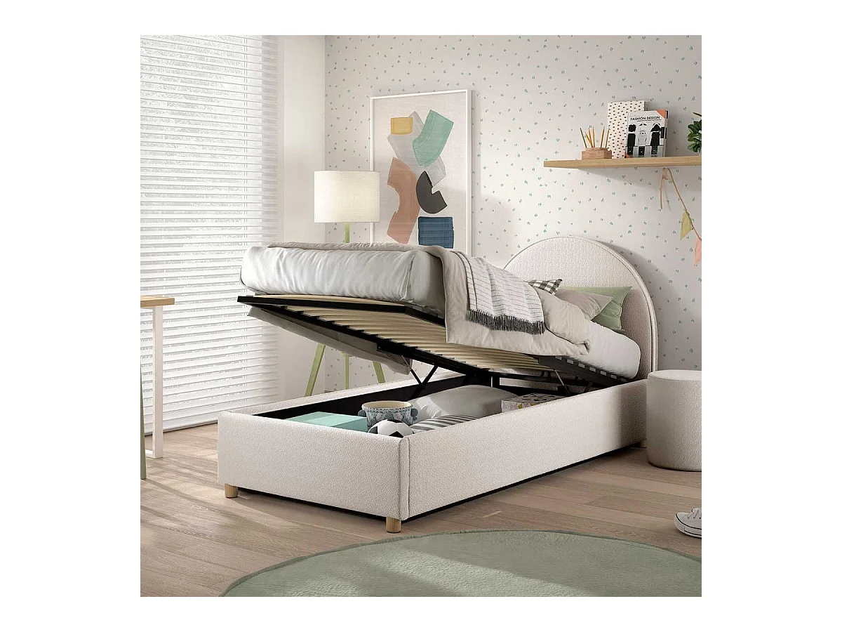 Lit coffre 90x200cm Tête de Lit Demi-Lune Tissu Bouclé Blanc - CONNIE