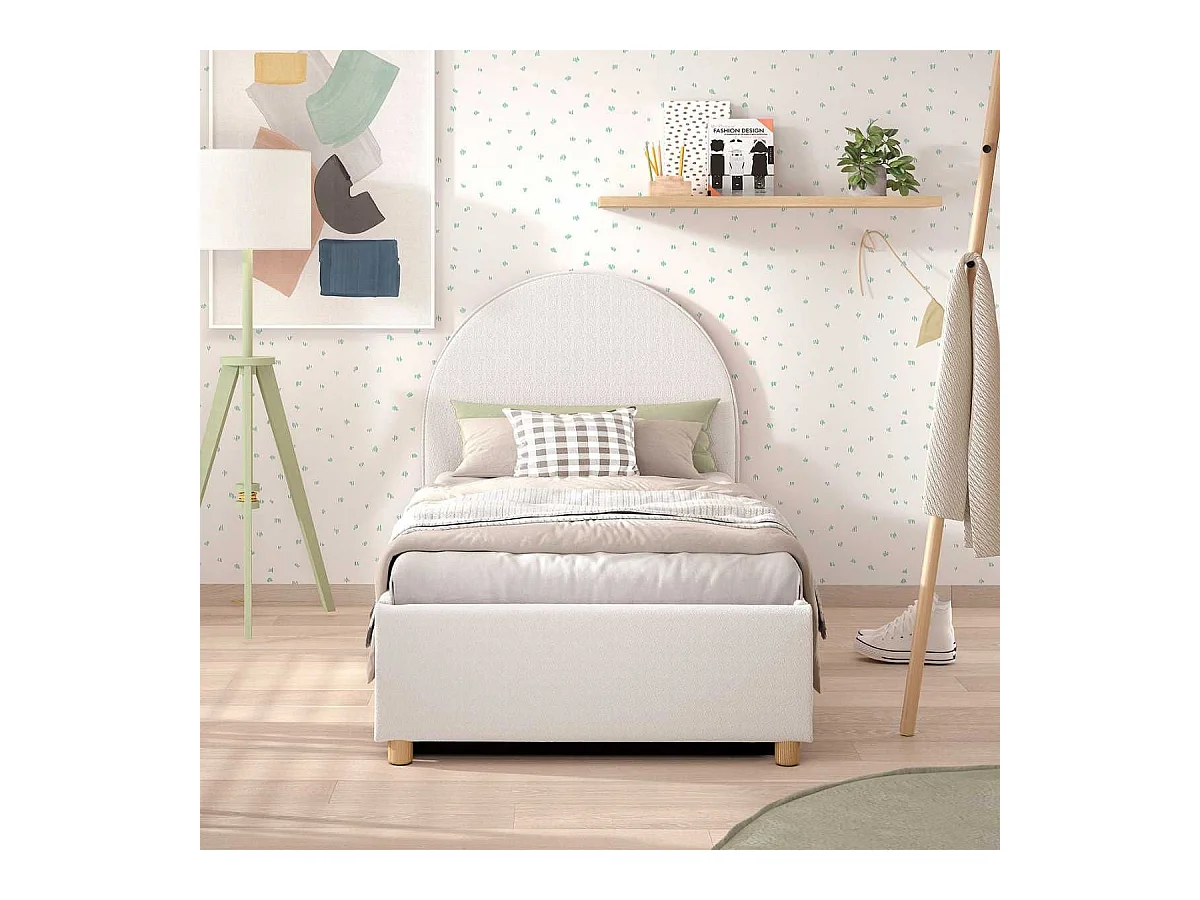 Lit coffre 90x200cm Tête de Lit Demi-Lune Tissu Bouclé Blanc - CONNIE