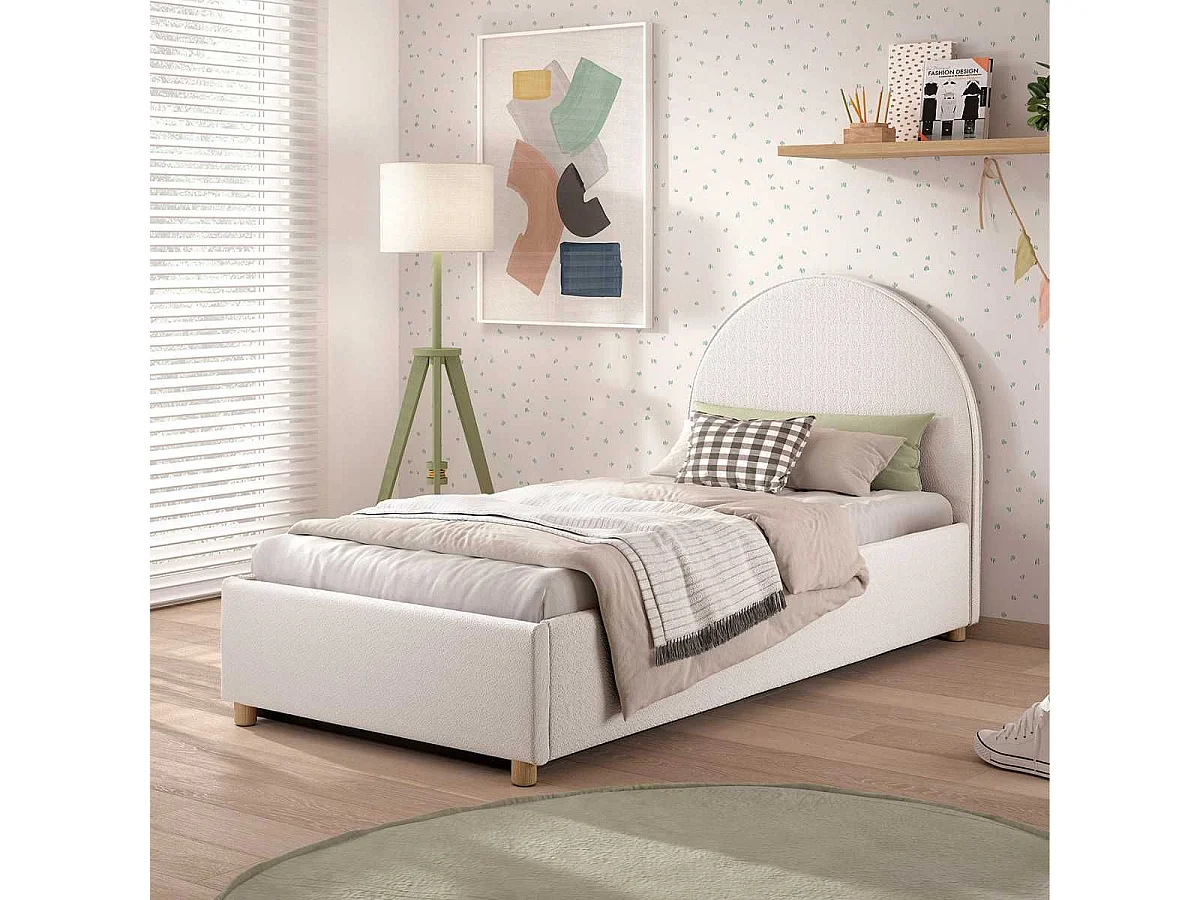 Lit coffre 90x200cm Tête de Lit Demi-Lune Tissu Bouclé Blanc - CONNIE