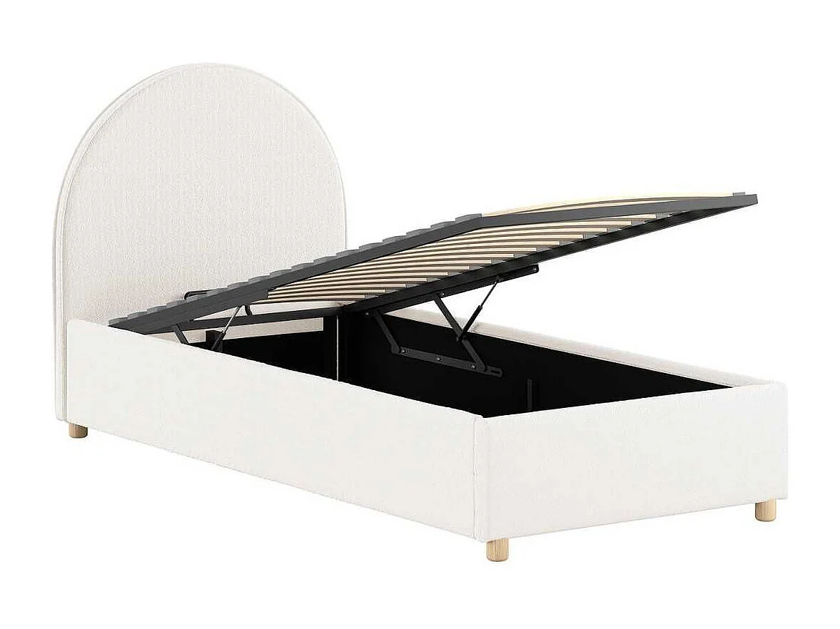 Lit coffre 90x200cm Tête de Lit Demi-Lune Tissu Bouclé Blanc - CONNIE