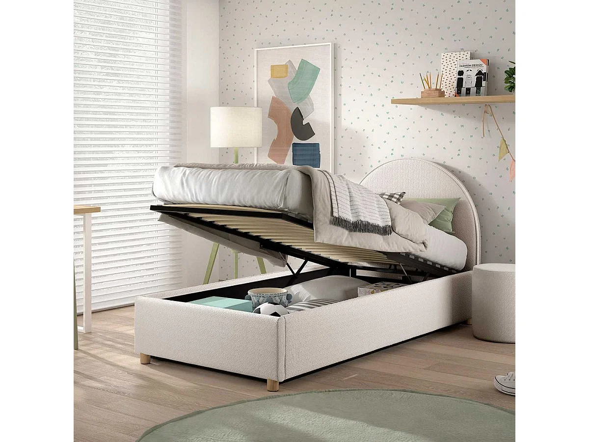 Lit coffre 90x200cm Tête de Lit Demi-Lune Tissu Bouclé Blanc - CONNIE