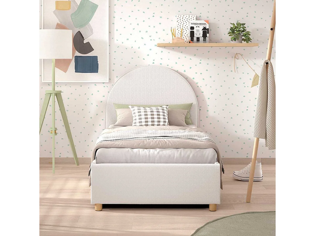 Lit coffre 90x200cm Tête de Lit Demi-Lune Tissu Bouclé Blanc - CONNIE