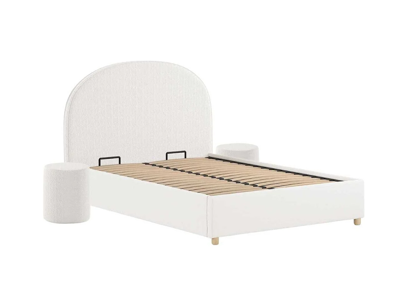 Pack Lit coffre 140x200cm Tête Demi-Lune + 2 Poufs Tissu Bouclé Blanc - CONNIE