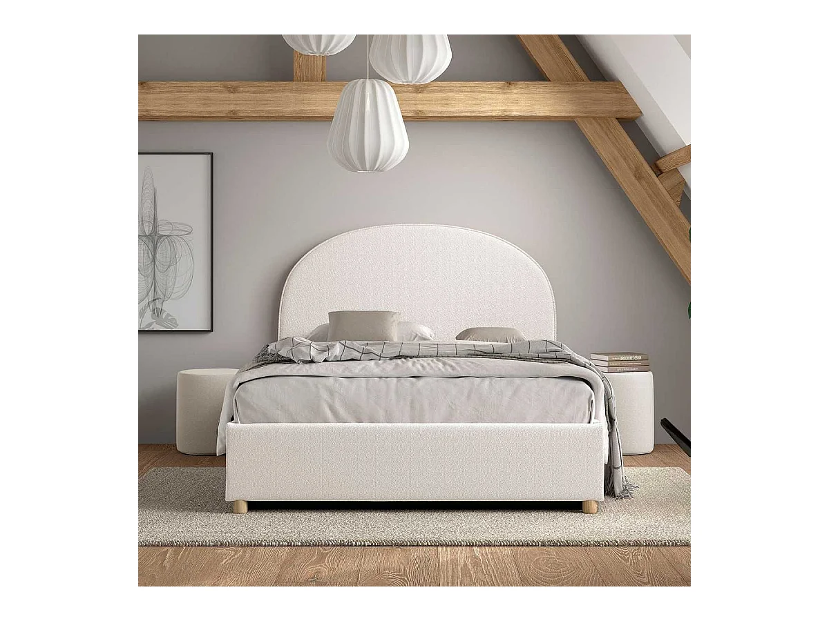 Pack Lit coffre 140x200cm Tête Demi-Lune + 2 Poufs Tissu Bouclé Blanc - CONNIE