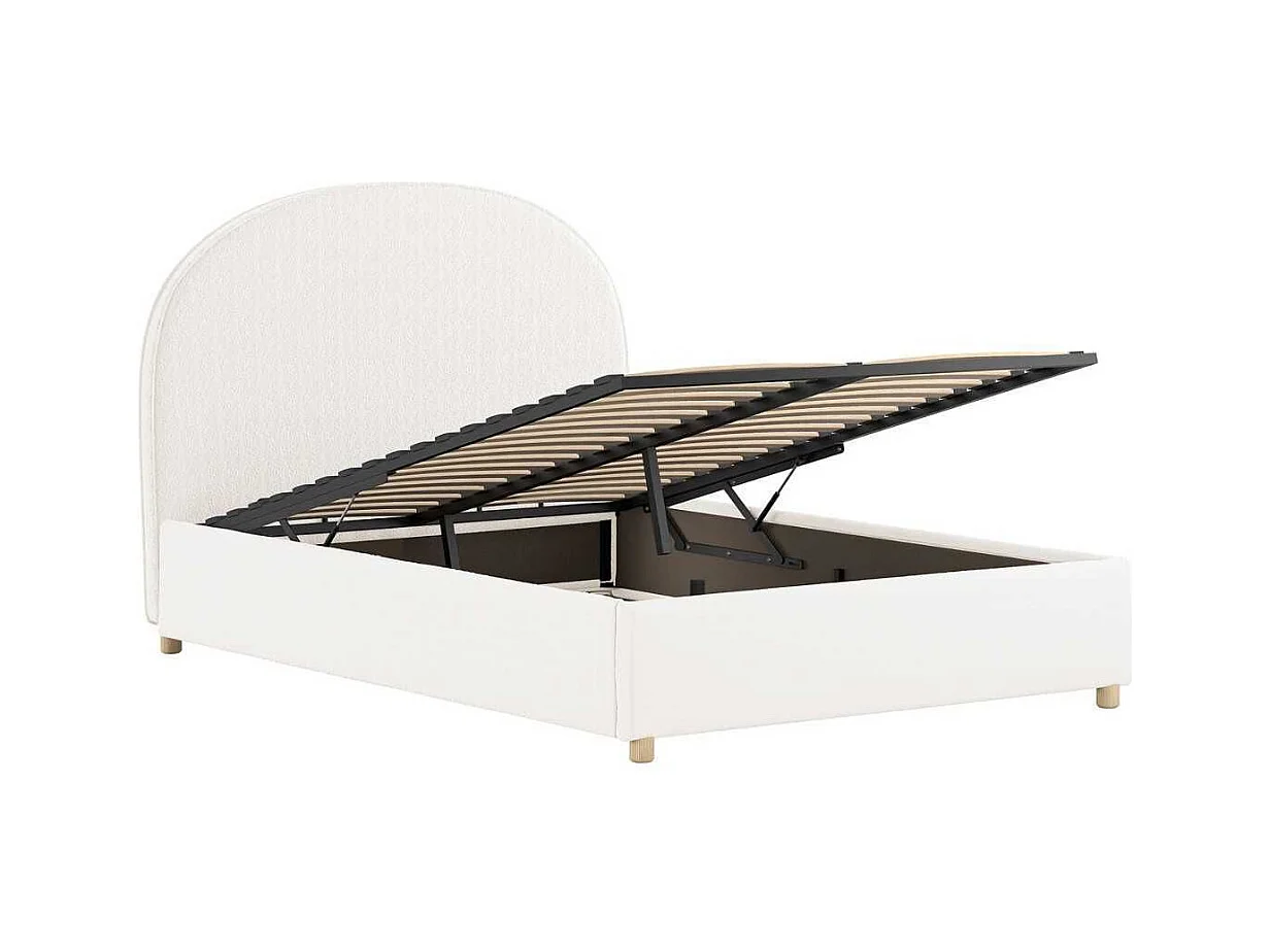 Pack Lit coffre 140x200cm Tête Demi-Lune + 2 Poufs Tissu Bouclé Blanc - CONNIE