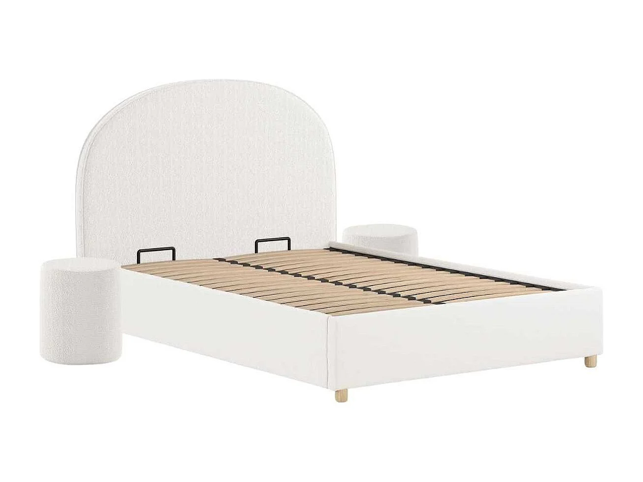 Pack Lit coffre 140x200cm Tête Demi-Lune + 2 Poufs Tissu Bouclé Blanc - CONNIE