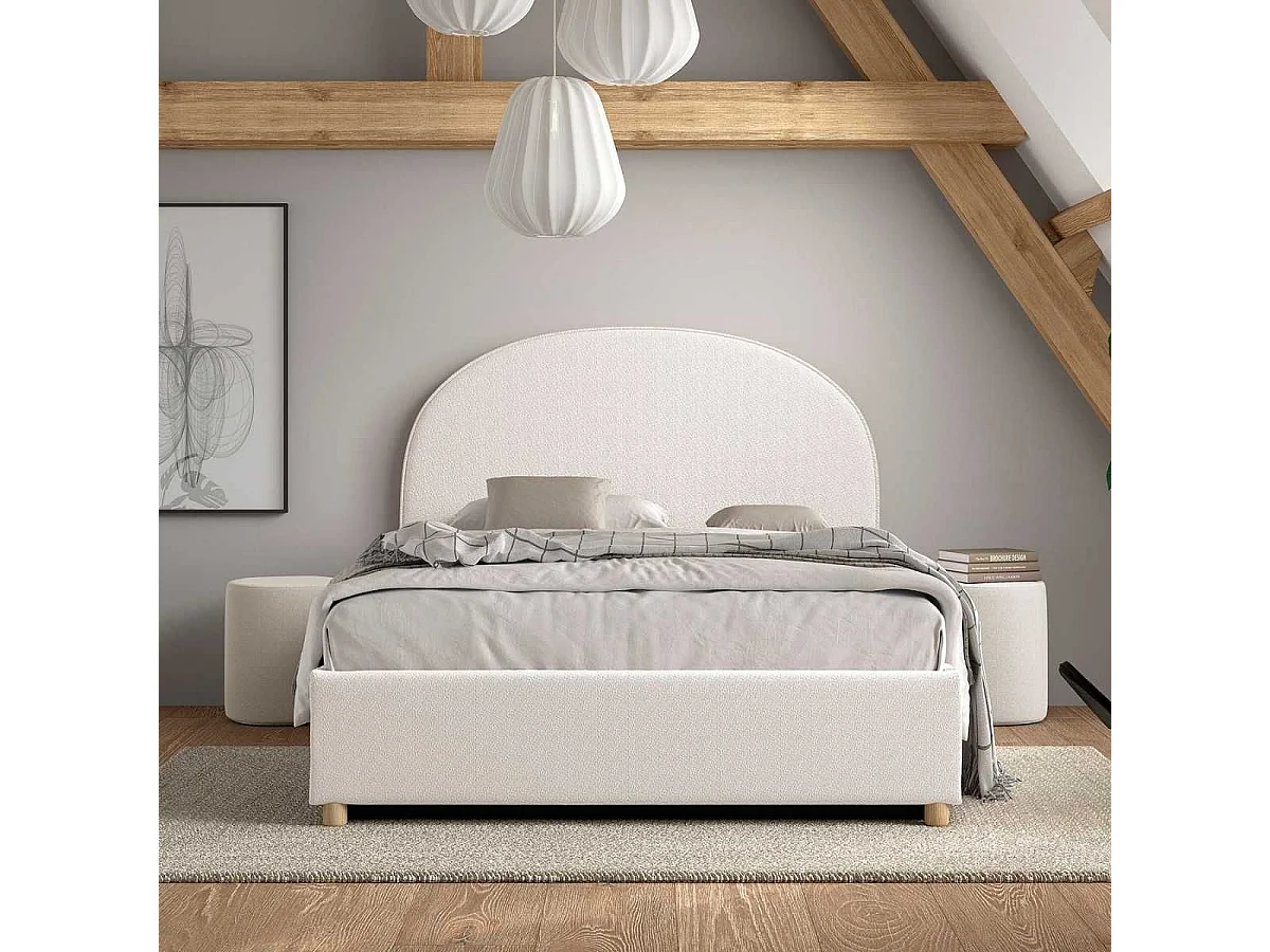 Pack Lit coffre 140x200cm Tête Demi-Lune + 2 Poufs Tissu Bouclé Blanc - CONNIE