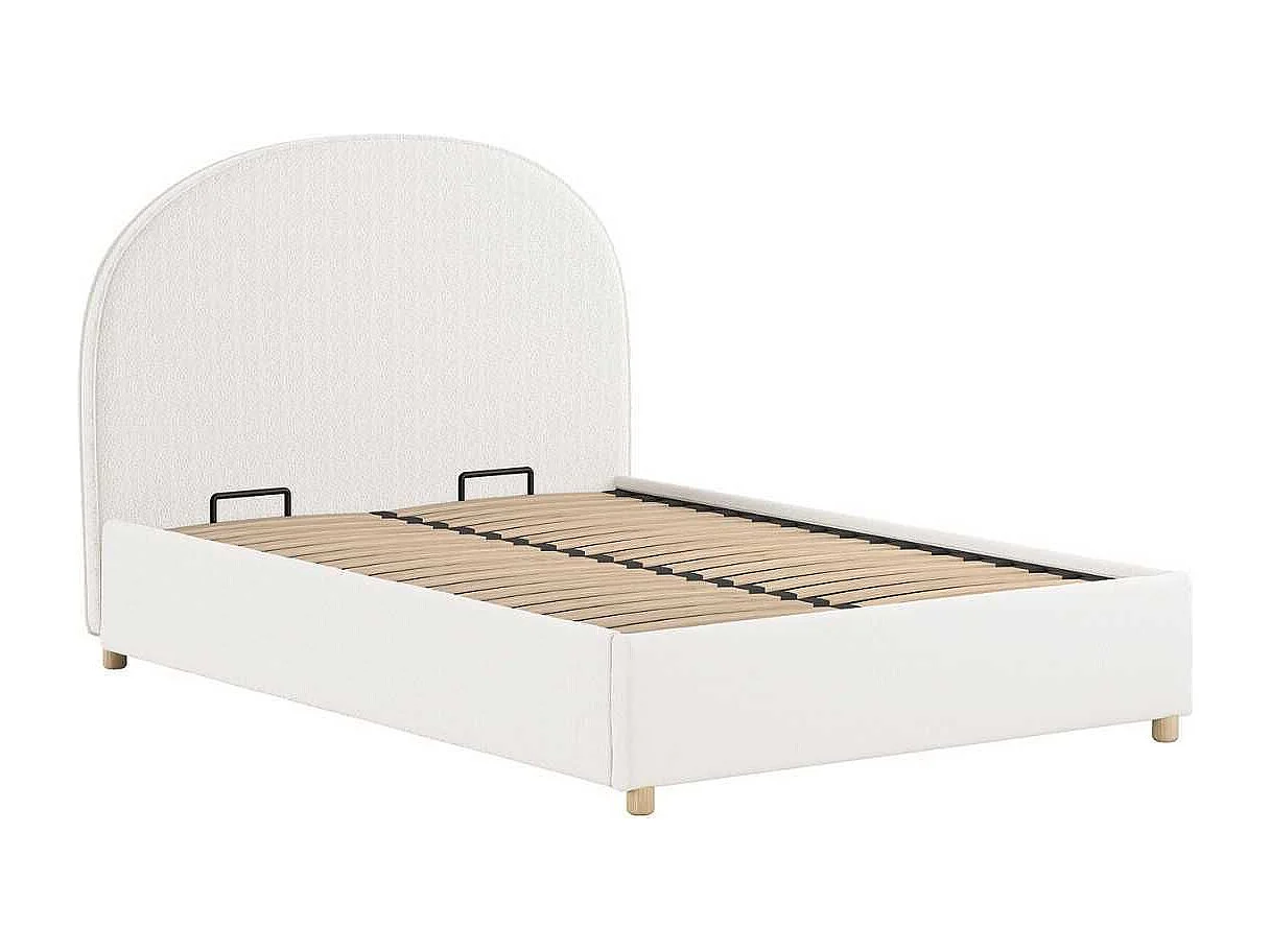 Pack Lit coffre 140x200cm Tête Demi-Lune + 2 Poufs Tissu Bouclé Blanc - CONNIE