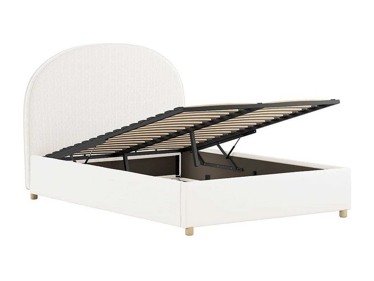 Pack Lit coffre 140x200cm Tête Demi-Lune + 2 Poufs Tissu Bouclé Blanc - CONNIE