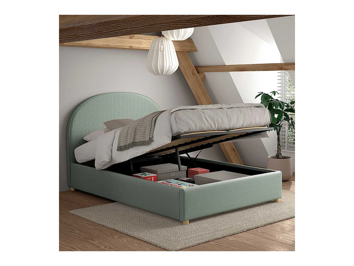 Lit coffre 140x200cm Tête de Lit Demi-Lune Tissu Bouclé Vert Olive - CONNIE