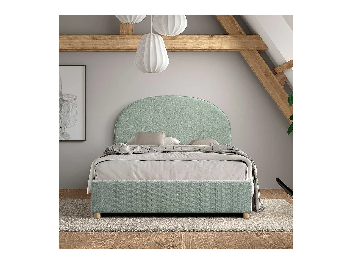 Lit coffre 140x200cm Tête de Lit Demi-Lune Tissu Bouclé Vert Olive - CONNIE