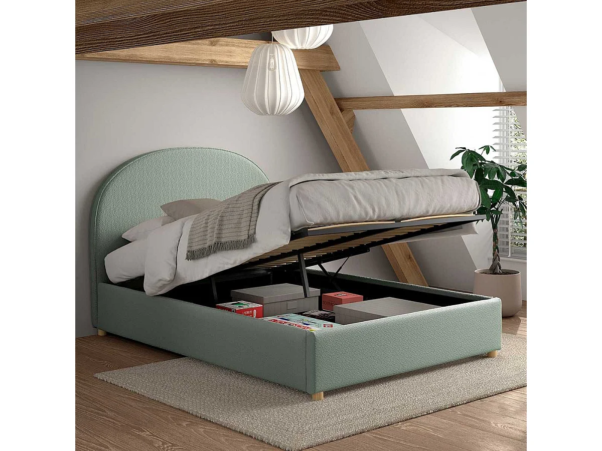 Lit coffre 140x200cm Tête de Lit Demi-Lune Tissu Bouclé Vert Olive - CONNIE