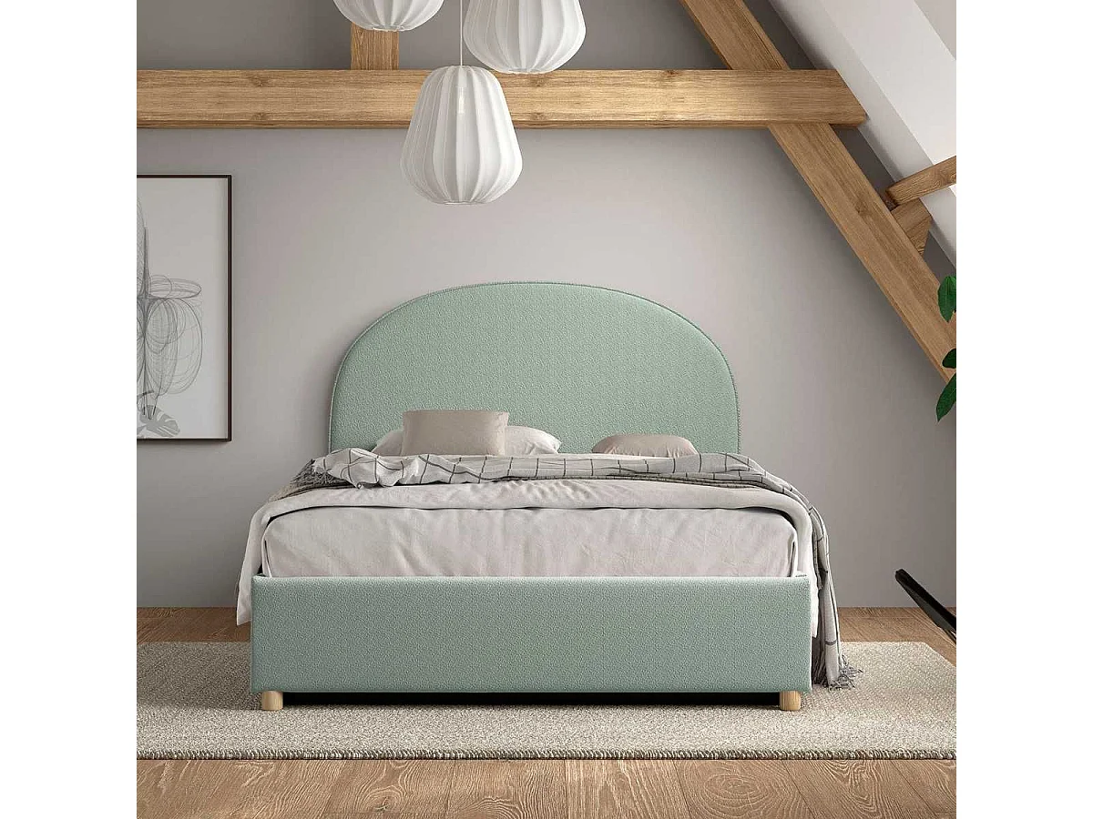 Lit coffre 140x200cm Tête de Lit Demi-Lune Tissu Bouclé Vert Olive - CONNIE