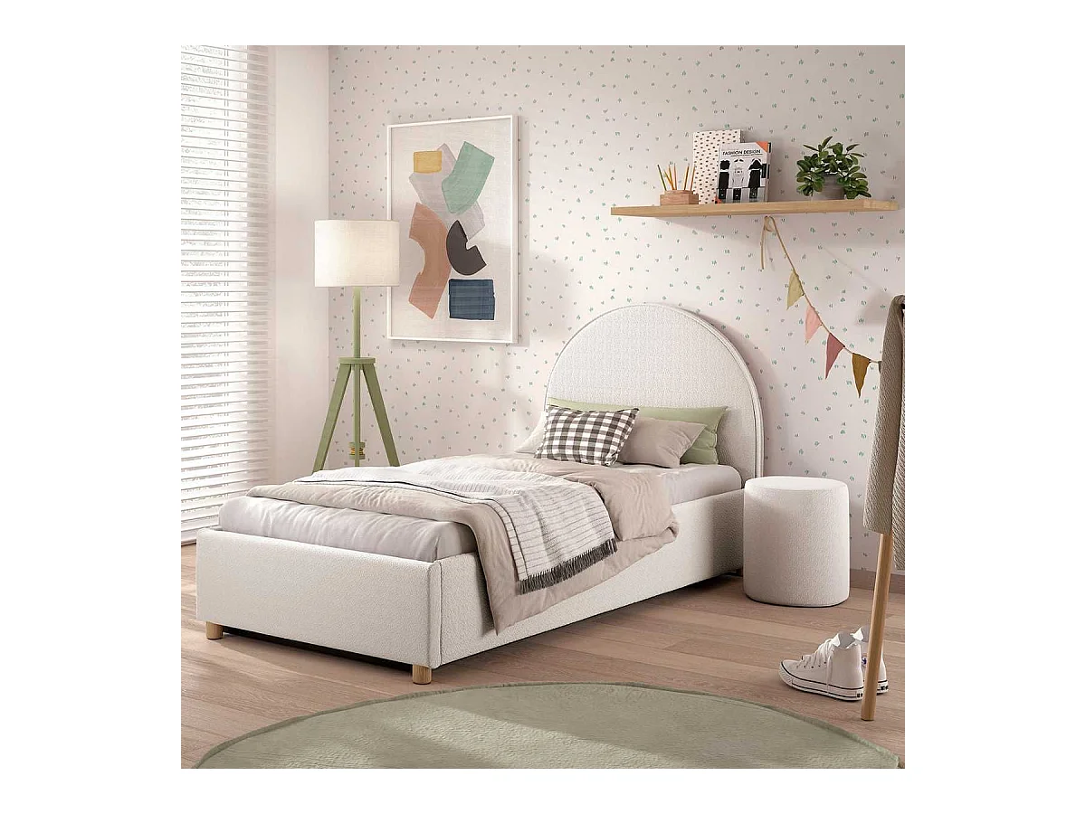 Pack Lit coffre 90x200cm Tête Demi-Lune + Pouf Tissu Bouclé Blanc - CONNIE