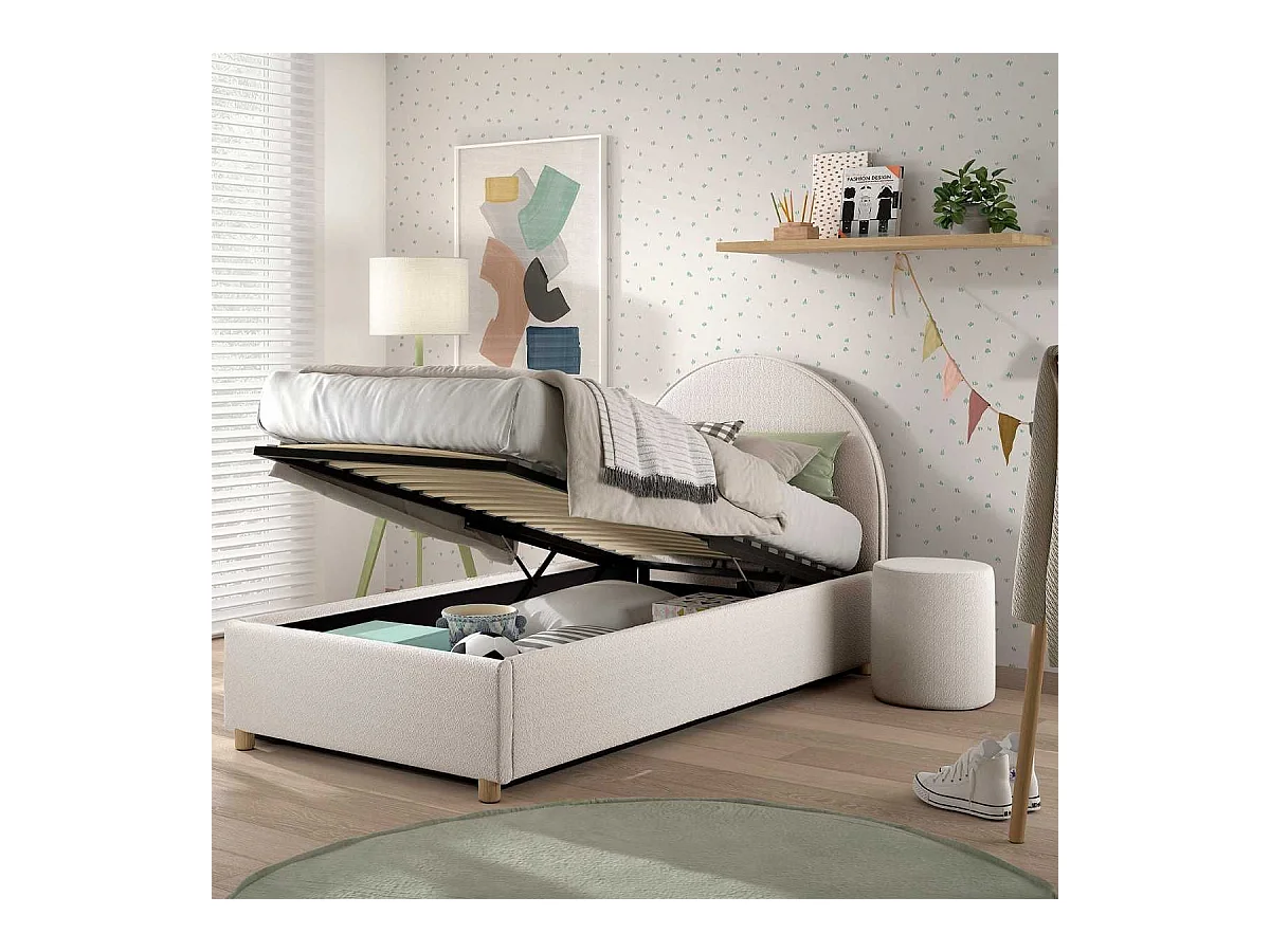 Pack Lit coffre 90x200cm Tête Demi-Lune + Pouf Tissu Bouclé Blanc - CONNIE