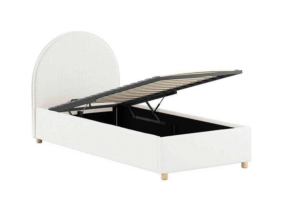 Pack Lit coffre 90x200cm Tête Demi-Lune + Pouf Tissu Bouclé Blanc - CONNIE