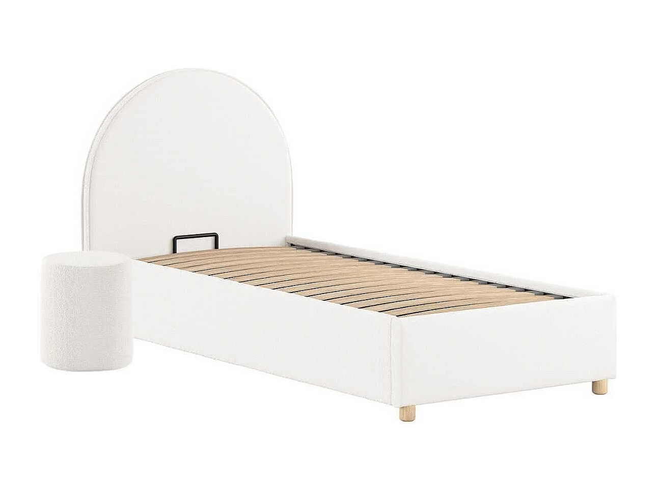 Pack Lit coffre 90x200cm Tête Demi-Lune + Pouf Tissu Bouclé Blanc - CONNIE