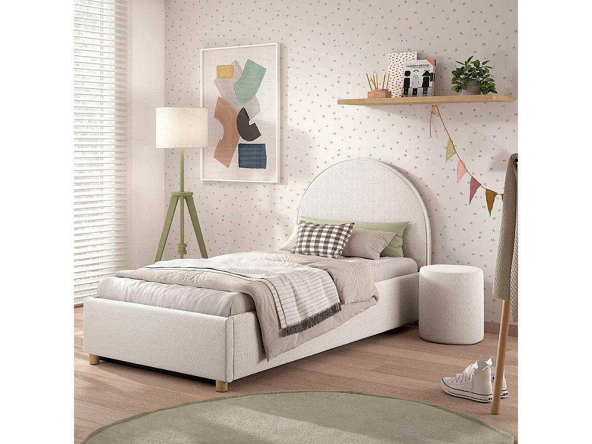 Pack Lit coffre 90x200cm Tête Demi-Lune + Pouf Tissu Bouclé Blanc - CONNIE