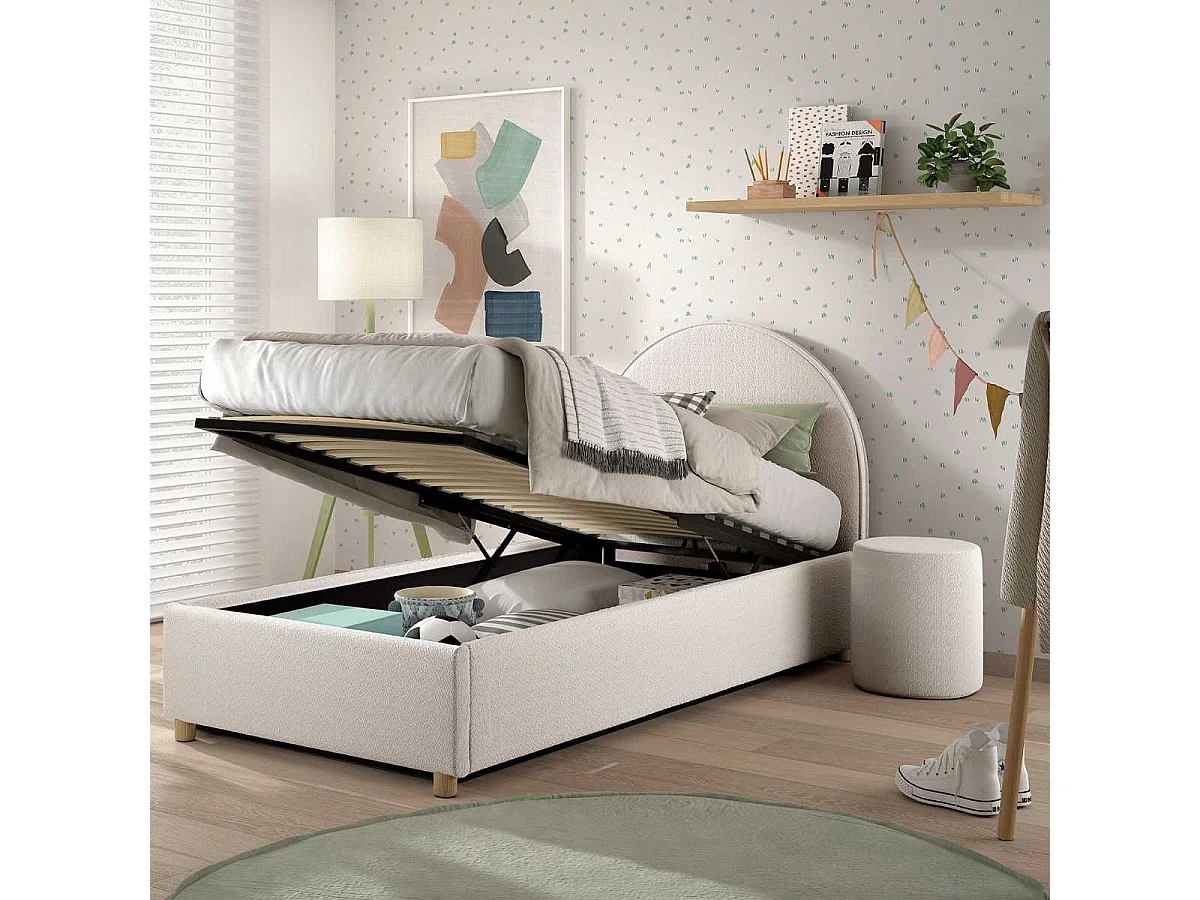 Pack Lit coffre 90x200cm Tête Demi-Lune + Pouf Tissu Bouclé Blanc - CONNIE