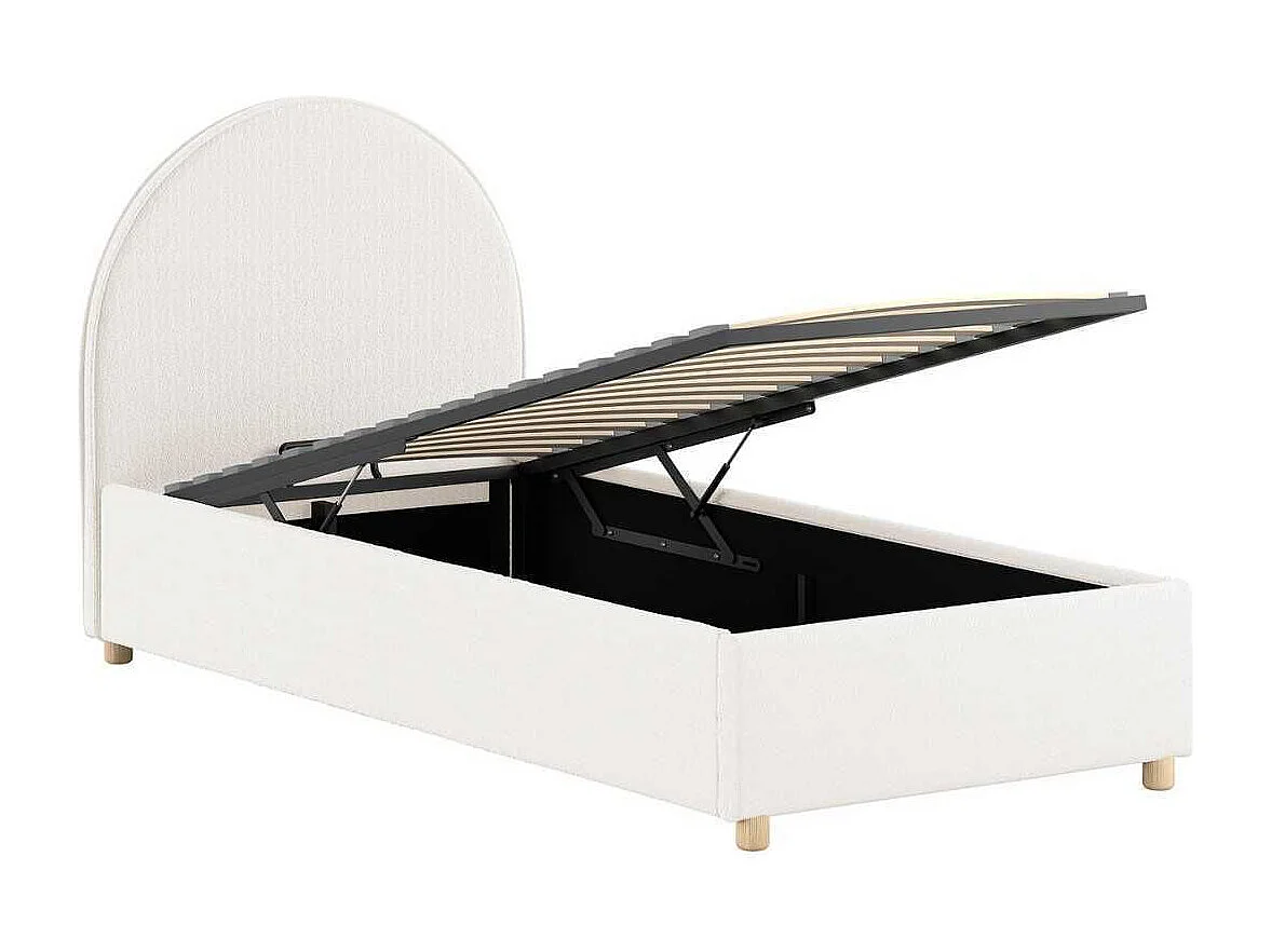 Pack Lit coffre 90x200cm Tête Demi-Lune + Pouf Tissu Bouclé Blanc - CONNIE