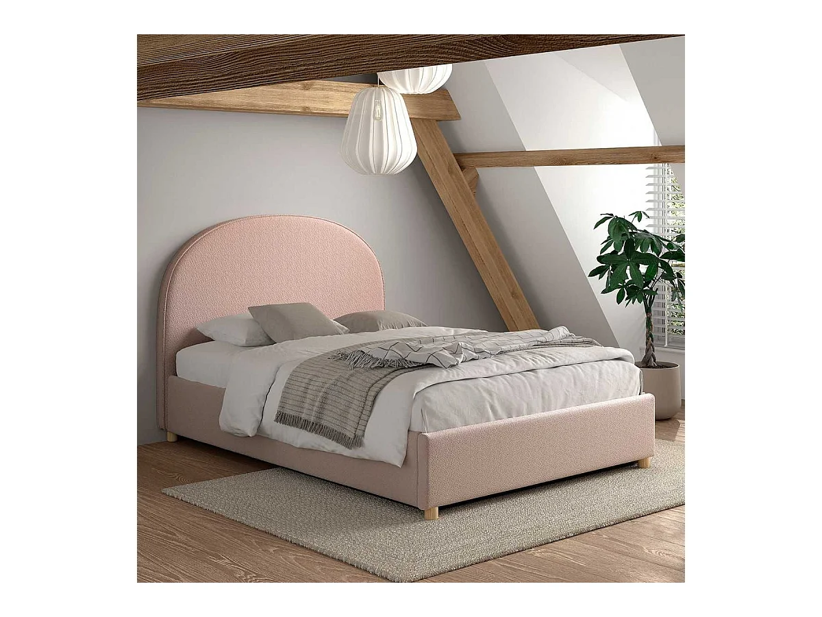 Lit coffre 140x200cm Tête de Lit Demi-Lune Tissu Bouclé Rose - CONNIE