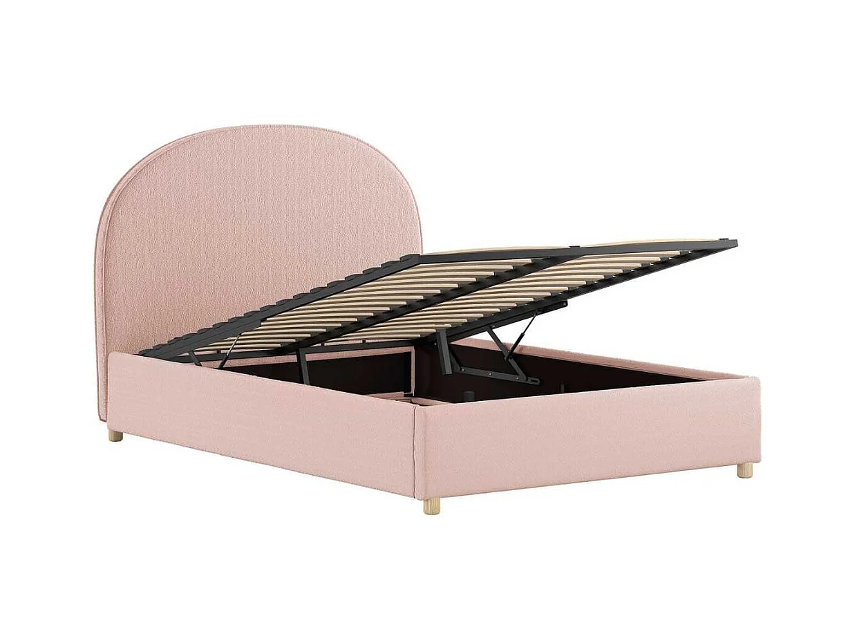 Lit coffre 140x200cm Tête de Lit Demi-Lune Tissu Bouclé Rose - CONNIE