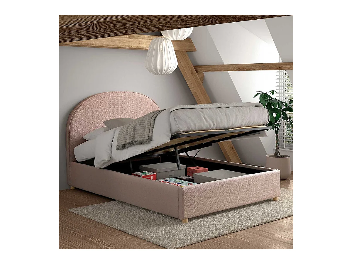 Lit coffre 140x200cm Tête de Lit Demi-Lune Tissu Bouclé Rose - CONNIE