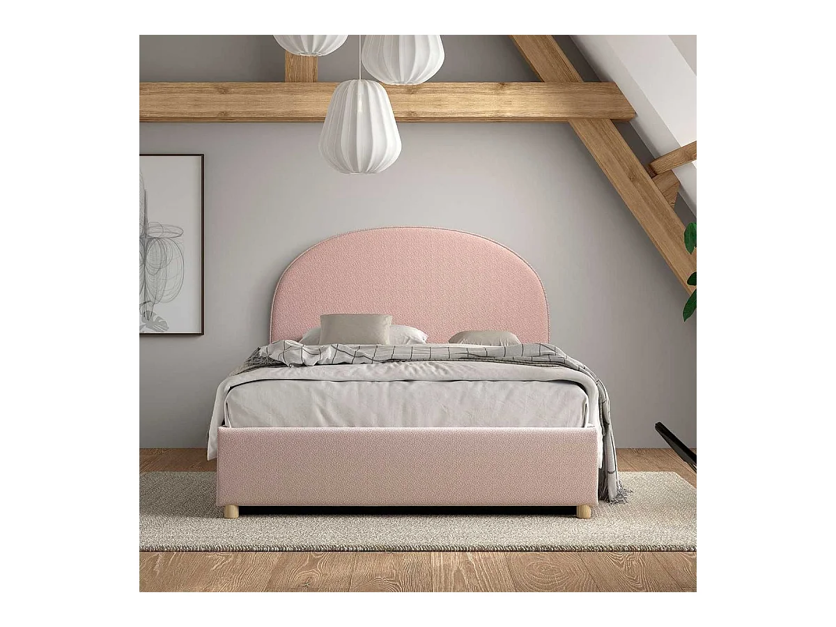 Lit coffre 140x200cm Tête de Lit Demi-Lune Tissu Bouclé Rose - CONNIE