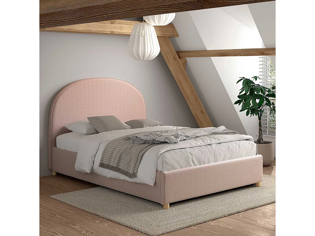 Lit coffre 140x200cm Tête de Lit Demi-Lune Tissu Bouclé Rose - CONNIE