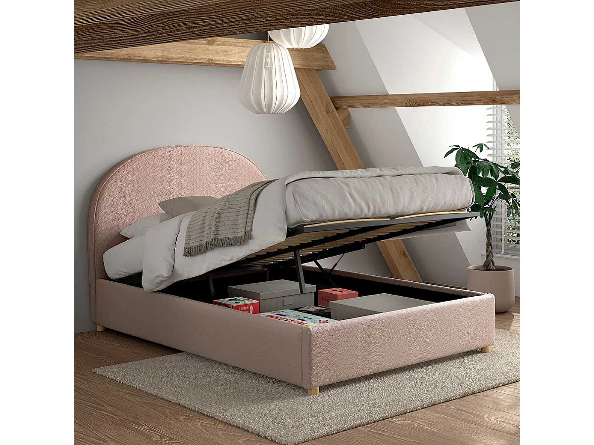 Lit coffre 140x200cm Tête de Lit Demi-Lune Tissu Bouclé Rose - CONNIE