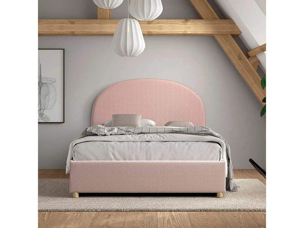Lit coffre 140x200cm Tête de Lit Demi-Lune Tissu Bouclé Rose - CONNIE