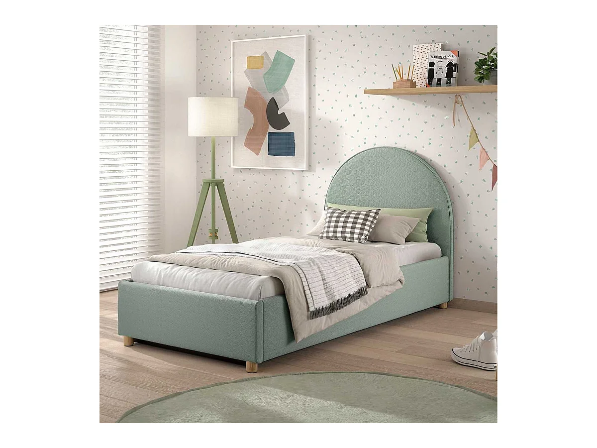 Lit coffre 90x200cm Tête de Lit Demi-Lune Tissu Bouclé Vert Olive - CONNIE