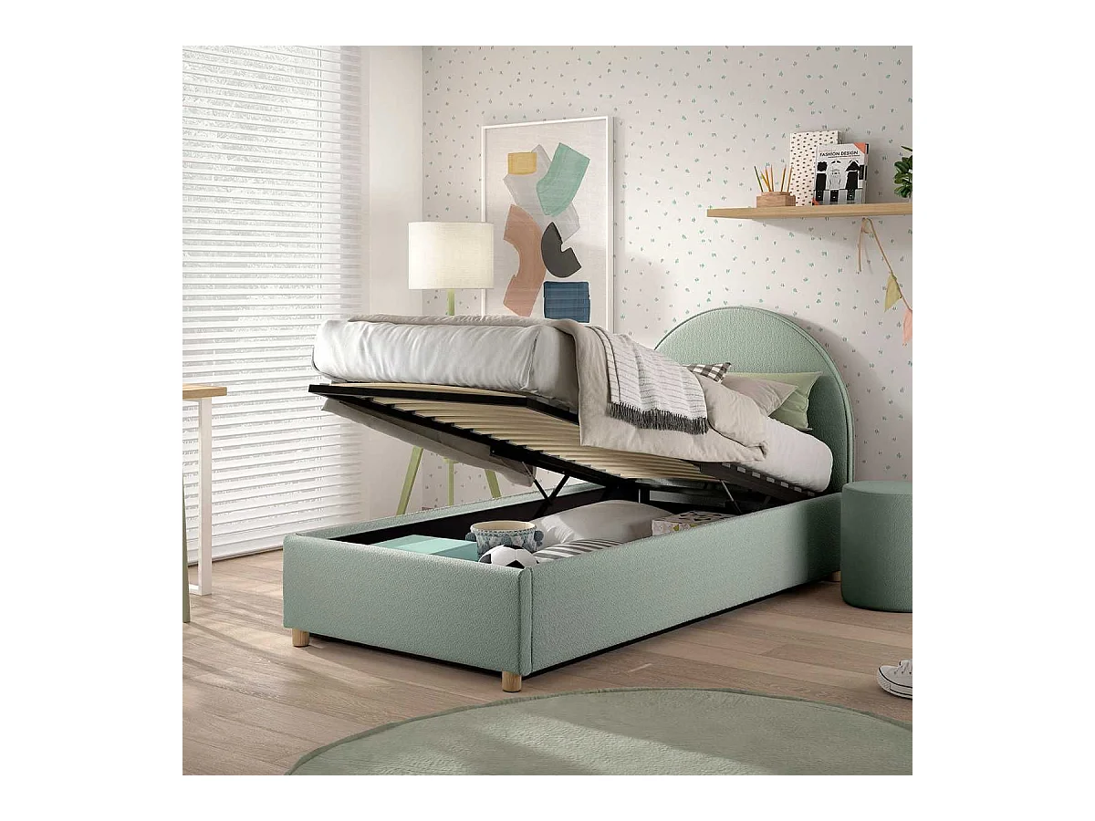 Lit coffre 90x200cm Tête de Lit Demi-Lune Tissu Bouclé Vert Olive - CONNIE