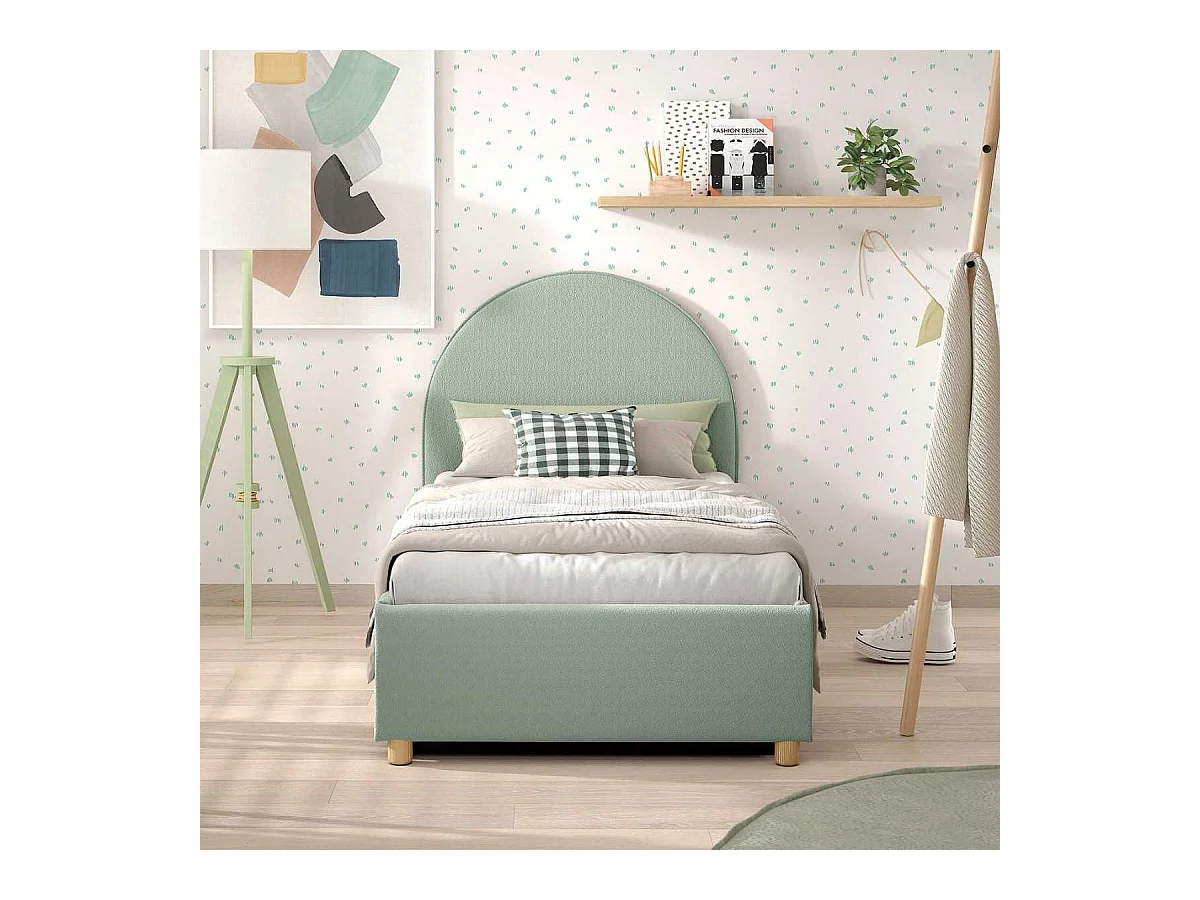 Lit coffre 90x200cm Tête de Lit Demi-Lune Tissu Bouclé Vert Olive - CONNIE