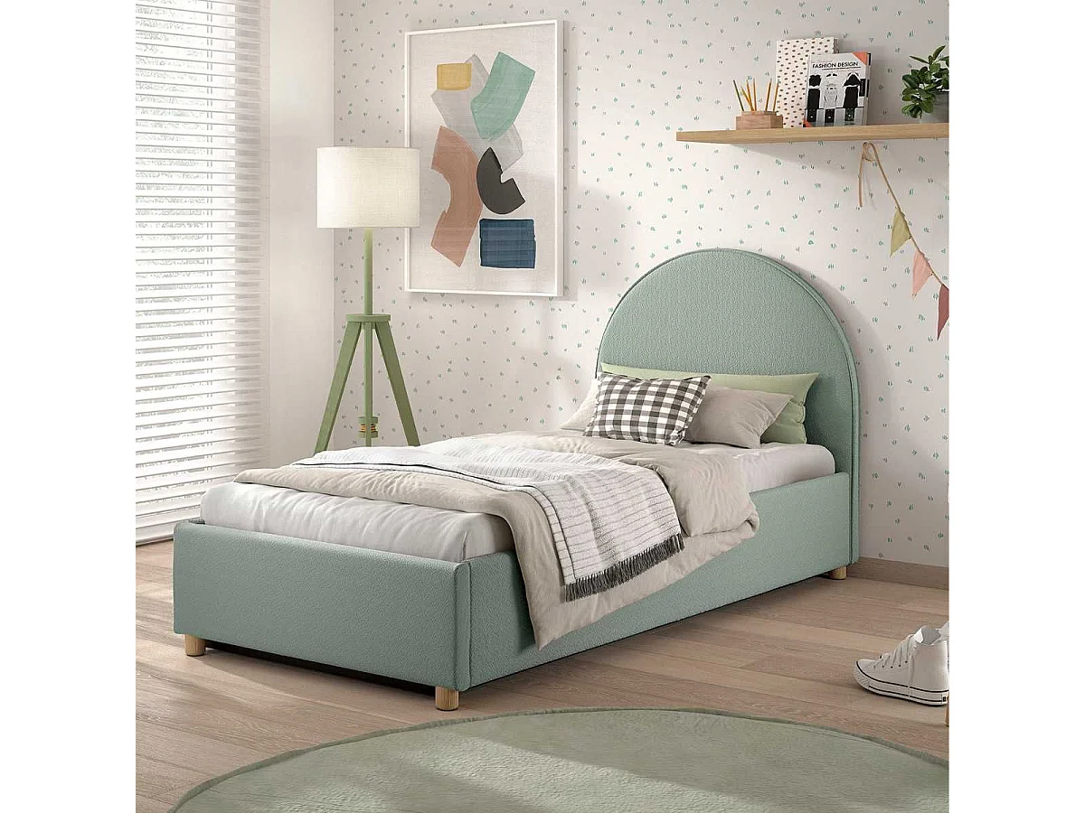 Lit coffre 90x200cm Tête de Lit Demi-Lune Tissu Bouclé Vert Olive - CONNIE