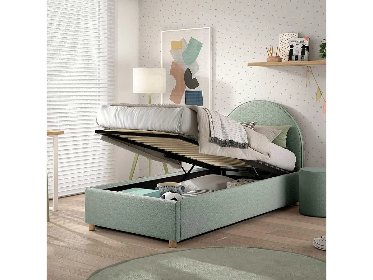 Lit coffre 90x200cm Tête de Lit Demi-Lune Tissu Bouclé Vert Olive - CONNIE