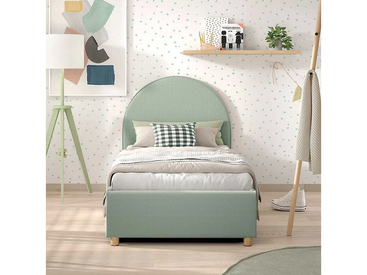 Lit coffre 90x200cm Tête de Lit Demi-Lune Tissu Bouclé Vert Olive - CONNIE