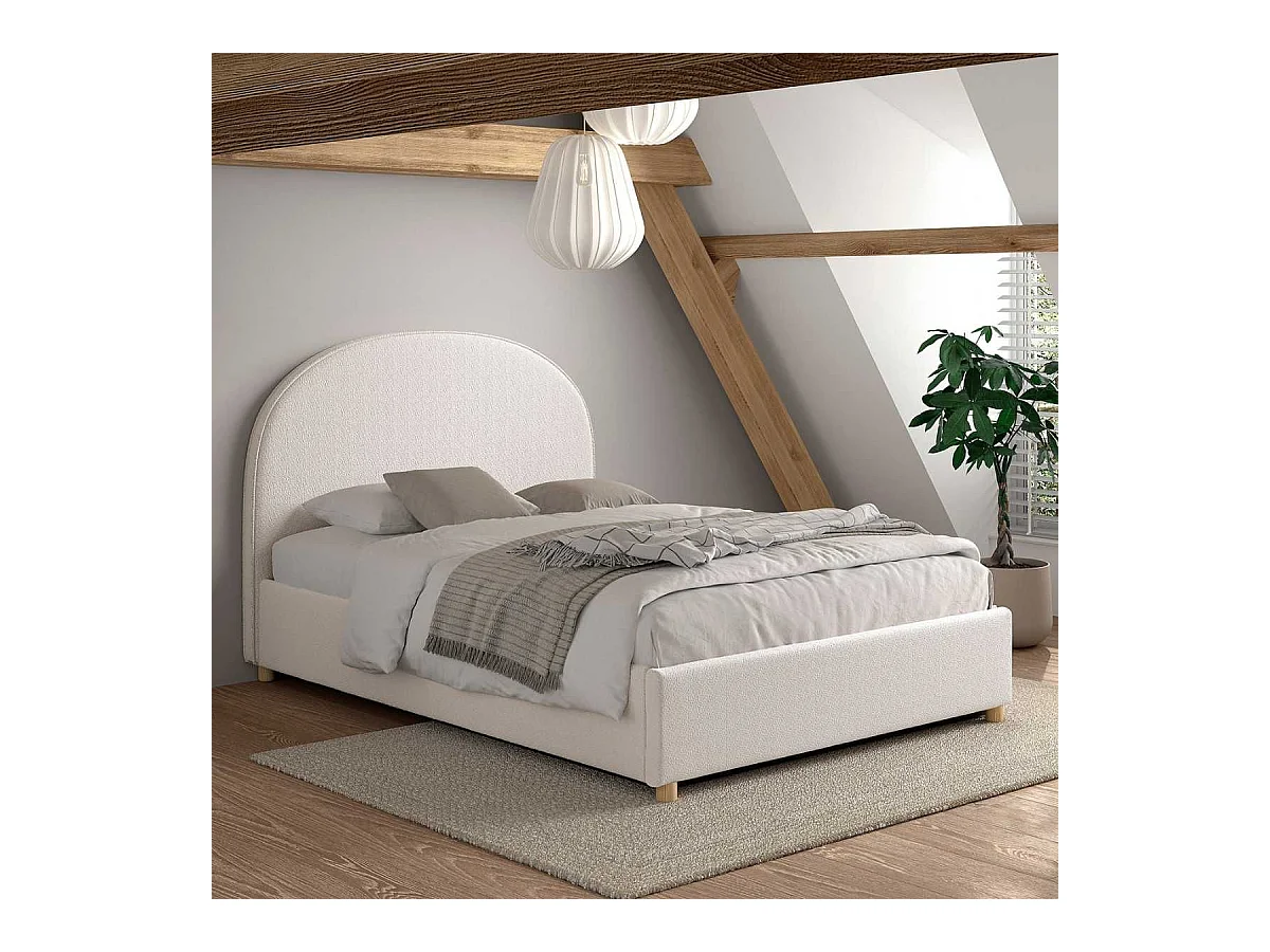 Lit coffre 140x200cm Tête de Lit Demi-Lune Tissu Bouclé Blanc - CONNIE