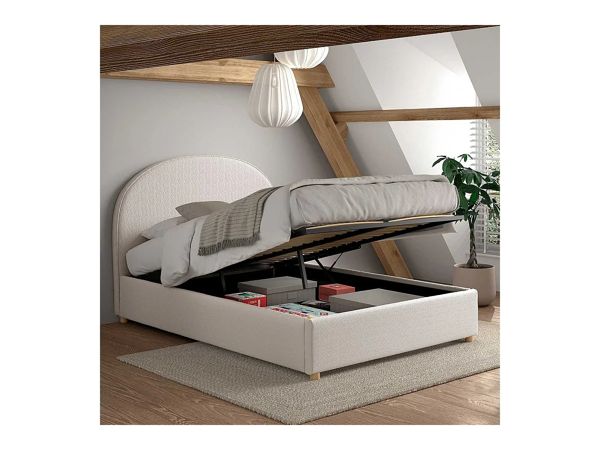 Lit coffre 140x200cm Tête de Lit Demi-Lune Tissu Bouclé Blanc - CONNIE