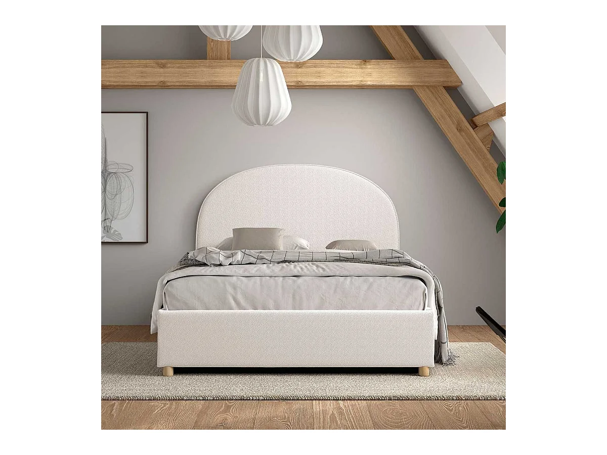 Lit coffre 140x200cm Tête de Lit Demi-Lune Tissu Bouclé Blanc - CONNIE